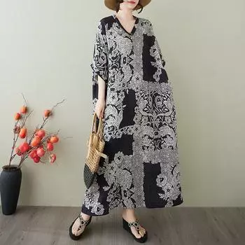 DIMANAF 2025 Summer Plus Size Dress Women Casual V-Neck Vintage Shirt Dress Loose Basic Printing Dress One Size чёрный