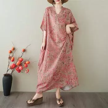 DIMANAF 2025 Summer Plus Size Dress Women Casual V-Neck Vintage Shirt Dress Loose Basic Printing Linen Dress One Size розовый