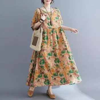 DIMANAF 2025 Summer Plus Size Dress Women Casual Long Vintage Linen Dress Loose Basic Printing Floral Dress One Size оранжевый