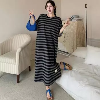 DIMANAF 2025 Summer Plus Size Dress Women Casual Vintage Cotton Dress Basic Loose Stripe Long Dress XL серый