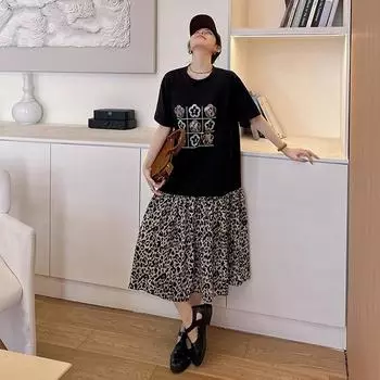 DIMANAF 2025 Summer Plus Size Dress Women Leopard Spliced Casual Vintage Dress Basic Loose Long Dress L чёрный