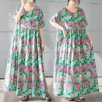 DIMANAF 2025 Summer Plus Size Dress Women Loose Casual Long Dress Vintage Floral Printing O-Neck Dress Maxi One Size зелёный