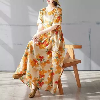 DIMANAF 2025 Summer Plus Size Dress Women Bohemian Casual Long Dress Loose Vintage Floral Printing Dress New One Size оранжевый