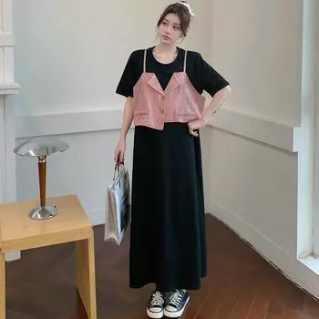 DIMANAF 2025 Summer Plus Size Dress Women Casual Vintage Dress Basic Loose O-Neck Long Fake Two-Piece Dress Cotton L розовый