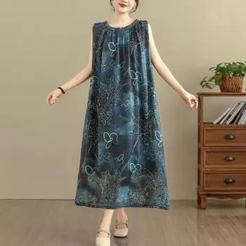 DIMANAF 2025 Summer Plus Size Dress Women O-Neck Vintage Shirt Dress Loose Basic Printing Dress One Size