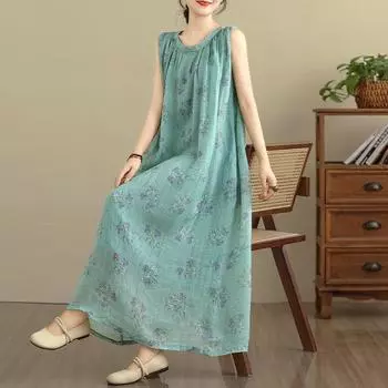 DIMANAF 2025 Summer Plus Size Dress Women O-Neck Vintage Shirt Dress Loose Basic Printing Dress one size