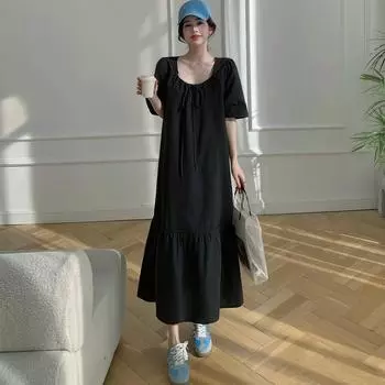 DIMANAF 2025 Summer Plus Size Dress Women Casual Pleated Vintage Short Sleeve Black Long Dress Loose Basic Dress L чёрный