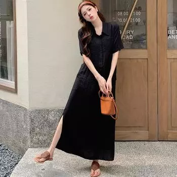 DIMANAF 2025 Summer Plus Size Dress Women Loose Casual Shirt Dress Basic Vintage Short Sleeve Long Black Dress L чёрный