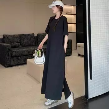 DIMANAF 2025 Summer Plus Size Dress Women Loose Casual Cotton Long Dress Basic Vintage Solid Short Sleeve Dress XL чёрный