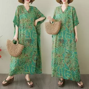 DIMANAF 2025 Summer Plus Size Dress Women V-Neck Vintage Shirt Dress Casual Loose Basic Printing Linen Dress One Size зелёный