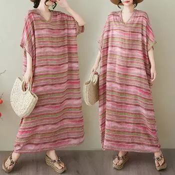 DIMANAF 2025 Summer Plus Size Dress Women V-Neck Vintage Stripe Casual Loose Basic Printing Linen Dress One Size розовый