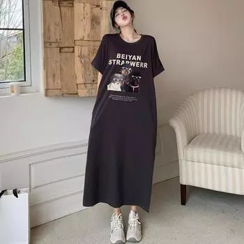 DIMANAF 2025 Summer Plus Size Dress Women Casual Vintage Cotton Dress Basic Loose Printing Long Dress XL серый