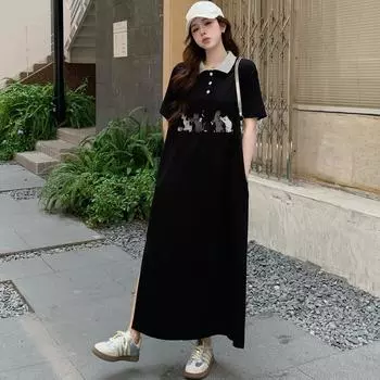 DIMANAF 2025 Летнее платье больших размеров Женское Повседневное Винтажное платье-рубашка Базовое Свободное Длинное Платье с короткими рукавами Хлопок L чёрный