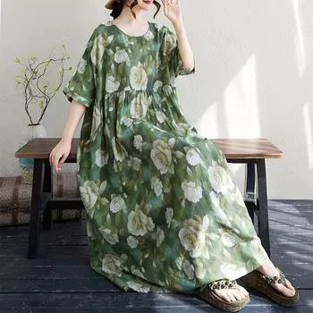 DIMANAF 2025 Summer Plus Size Long Dress Casual Basic Women Loose Vintage Flower New Printing Beach Dress Maxi One Size зелёный