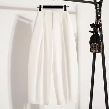 DIMANAF 2025 Summer Plus Size Long Pants Women Elastic Casual High Waist Vintage Harem Pants Loose Basic Trousers L бежевый