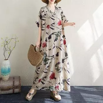 DIMANAF 2025 Summer Plus Size New Dress Beach Casual Basic Loose V-Neck Women Vintage Printing Long Dress Maxi One Size хаки