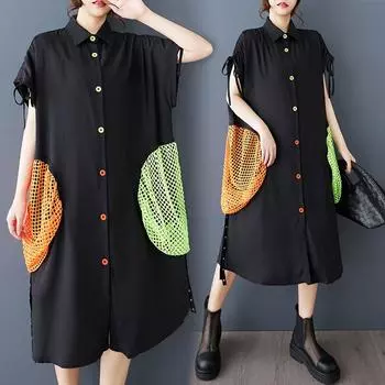 DIMANAF 2025 Summer Plus Size Vintage Dress Women Casual Buttons Shirt Dress Loose Basic Mesh Spliced Dress One Size чёрный