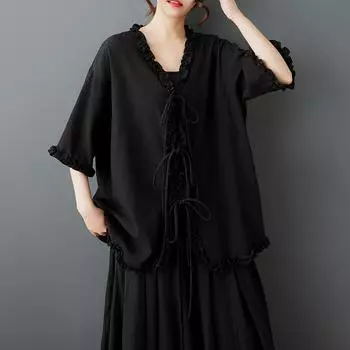 DIMANAF 2025 Summer Women Plus Size Basic Blouse Vintage Casual T-Shirt Solid Loose Tops Tees Oversized New One Size чёрный