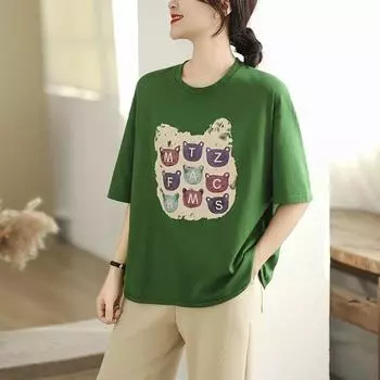 DIMANAF 2025 Summer Women Plus Size Cotton Basic T-Shirt Vintage Casual Printing Loose Tops Tees Oversized L зелёный