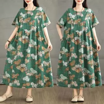 DIMANAF 2025 Summer Women Plus Size Dress Floral Dress Elegant Basic Vintage Casual Loose Maxi Dress L зелёный