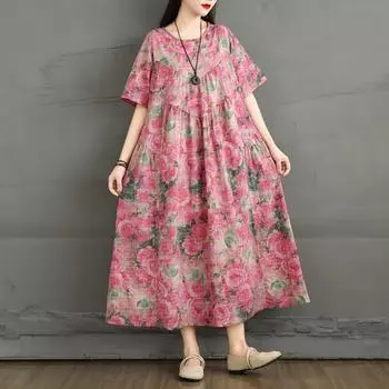 DIMANAF 2025 Summer Women Plus Size Dress New Floral Dress Elegant Linen Basic Casual Loose Vintage Dress Maxi L розовый