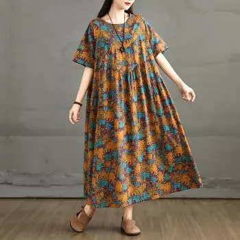 DIMANAF 2025 Summer Women Plus Size Dress Floral Dress Linen Basic Casual Elegant Loose Vintage Dress Maxi L оранжевый