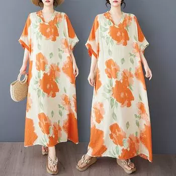 DIMANAF 2025 Summer Women Plus Size Dress Casual Dress Beach Loose Basic Vintage Floral Printing Long Dress One Size оранжевый