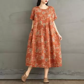 DIMANAF 2025 Summer Women Plus Size Long Dress Short Sleeve Vintage Basic Oversized Casual Loose Dress Floral New L оранжевый