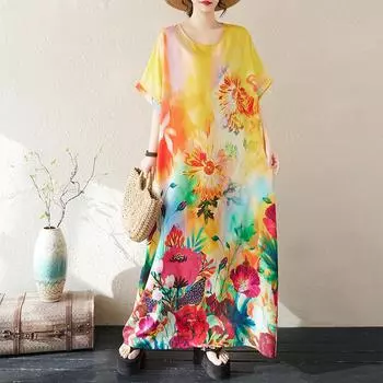 DIMANAF 2025 Summer Women Plus Size Loose Dress Beach Basic Casual Long Dress Vintage Floral Printing Holiday Dress One Size жёлтый