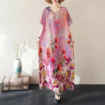DIMANAF 2025 Summer Women Plus Size Loose Dress Beach Basic Casual Long Dress Vintage Floral Printing Holiday Dress One Size фиолетовый
