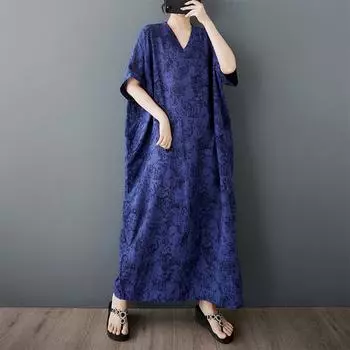 DIMANAF 2025 Summer Women Plus Size Loose Dress Printing Short Sleeve Dress Basic Casual Long Dress Vintage One Size синий