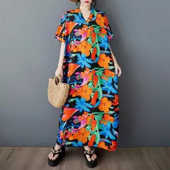 DIMANAF 2025 Summer Women Plus Size Loose Dress Printing Short Sleeve Dress Basic Floral Casual Dress Vintage Maxi One Size оранжевый