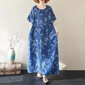 DIMANAF 2025 Summer Women Plus Size Loose Dress Beach Vintage Basic Casual Long Dress Printing Holiday Dress One Size синий