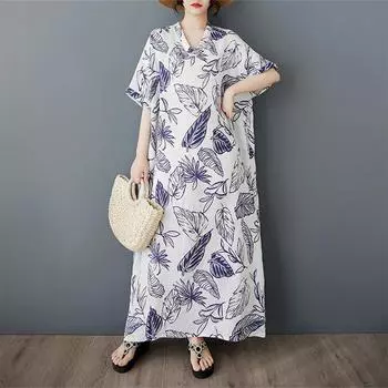 DIMANAF 2025 Summer Women Plus Size Loose Dress Leaf Printing Short Sleeve Dress Basic Casual Dress Vintage One Size белый