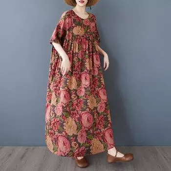 DIMANAF 2025 Summer Women Plus Size Vintage Long Dress Short Sleeve Casual Basic Floral Printing Loose Dress One Size красный