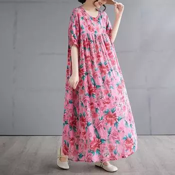 DIMANAF 2025 Summer Women Vintage Plus Size Long Floral Printing Dress Short Sleeve Casual O-Neck Basic Fashion Loose Dress One Size розовый
