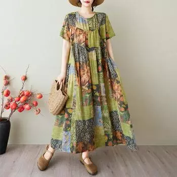 DIMANAF 2025 Summer Women Vintage Plus Size Long Printing Dress Short Sleeve Casual O-Neck Basic Fashion Loose Dress One Size зелёный