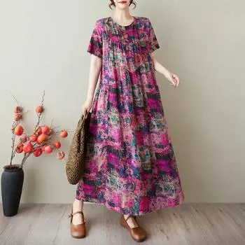 DIMANAF 2025 Summer Women Vintage Printing Linen Plus Size Long Dress Short Sleeve Casual O-Neck Basic Loose Dress One Size фиолетовый