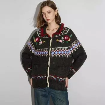 DIMANAF 2025 Sweaters Cardigan Flowers Autumn Pockets Women Print V-Neck Sweaters Knitting Loose Sweater one size темно-серого