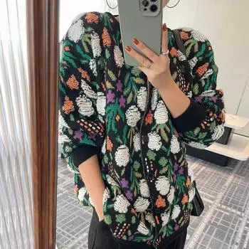 DIMANAF 2025 Sweaters Flower Coat Cardigan Autumn Women Print O-Neck Bat Sweaters Knitting Loose Sweater Green one size чёрный