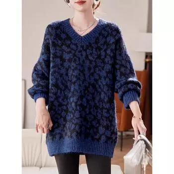 Dimanaf 2025 свитера шерстяные с V-образным вырезом с леопардовым принтом и длинным рукавом женские базовые лоскутные вещи большая новинка One Size синий