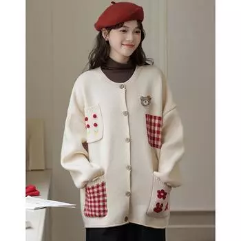 DIMANAF 2025 свитера вязаный цветочный кардиган осень женский принт O-образный вырез свитера свободный свитер One Size бежевый