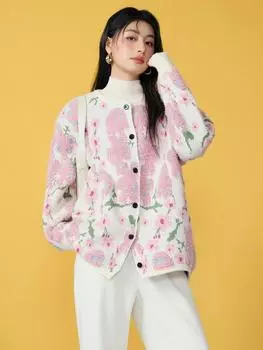 DIMANAF 2025 Свитеры Цветочное пальто Розовый кардиган Осень Женский принт Круглый вырез Свитеры Летучая мышь Вязаный Свободный свитер Зеленый One Size розовый