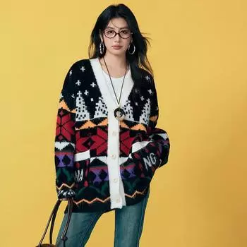DIMANAF 2025 Свитеры Кардиган Пуговицы Осень Карманы Узор Женщины Принт V-образный вырез Свитеры Вязание Свободный свитер One Size чёрный