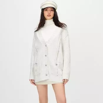 DIMANAF 2025 Свитеры Однотонный Кардиган Осень Карманы Женский Принт V-образный вырез Свитеры Вязание Свободный Свитер One Size серый