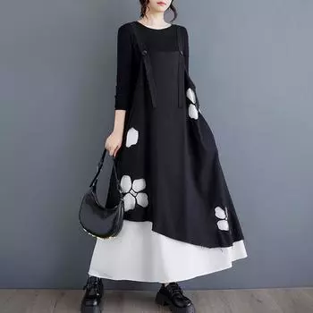 Dimanaf 2025 Весеннее Цветочное Платье Плюс Размер Женщин Повседневное Винтажное Длинное Платье Свободное Базовое Черное Белое Платье One Size чёрный