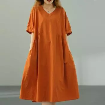 Dimanaf 2025 Весеннее однотонное платье Женское повседневное винтажное длинное платье Свободное базовое зеленое черное оранжевое платье One Size оранжевый