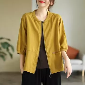 DIMANAF 2025 Весеннее пальто большого размера Куртка женская льняная с длинным рукавом Карманы Модные топы Футболки Свободные футболки Новые One Size оранжевый