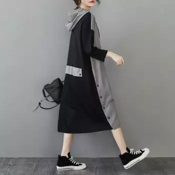 DIMANAF 2025 Весеннее платье в полоску Женское повседневное винтажное длинное платье с капюшоном Свободные пуговицы Макси Базовое платье One Size бежевый