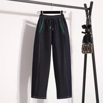 DIMANAF 2025 Весенние джинсы больших размеров Длинные шаровары Эластичные женские повседневные брюки Базовые свободные с высокой талией L темно-синий